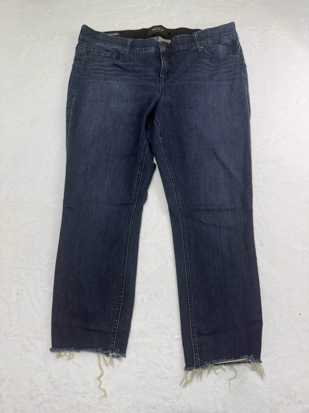 torrid Dark Blue Cropped Straight Jeans with a distressed Hem